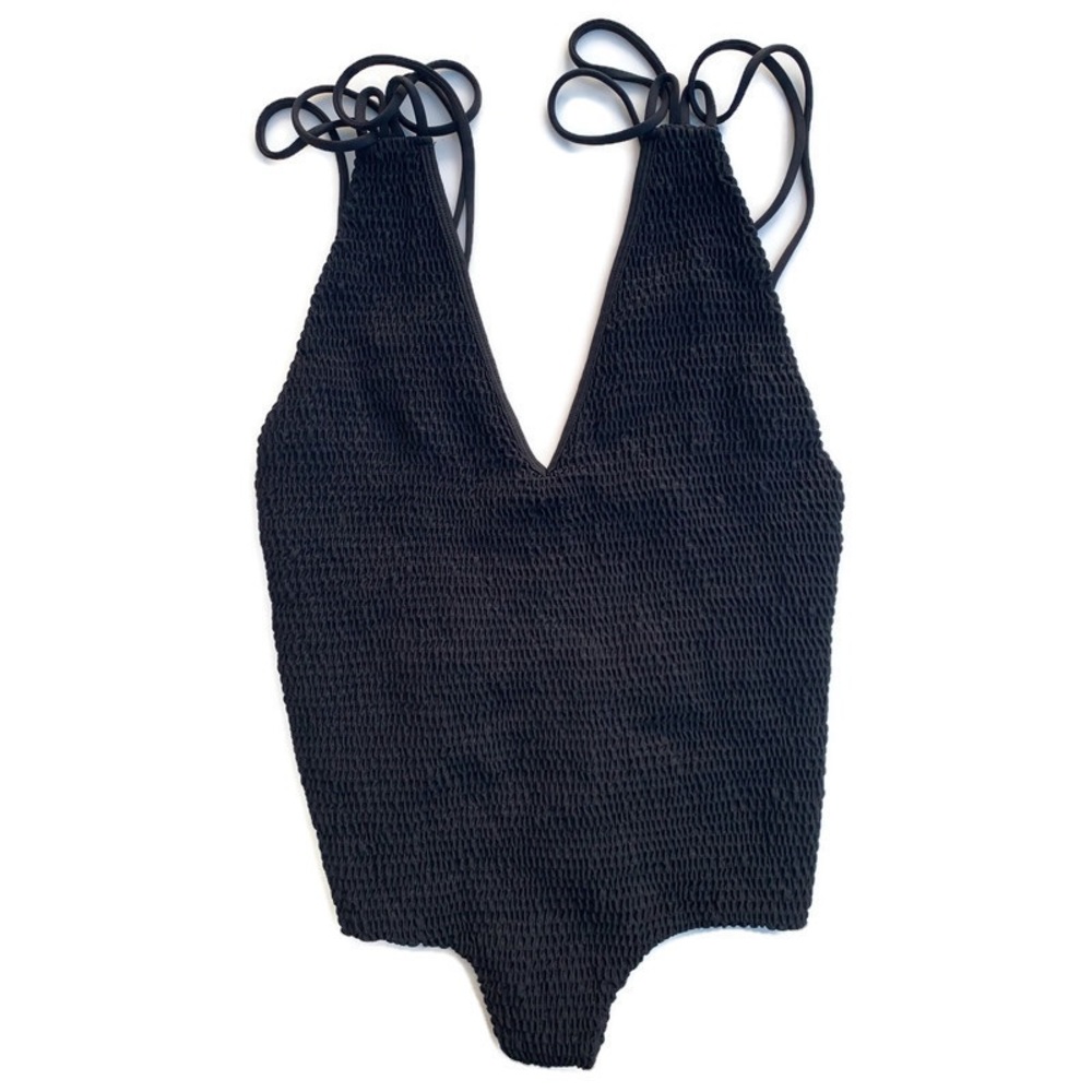 Tori Praver Swimwear Krishna Black Smocked One Piece Strappy Swimsuit NWOT Large